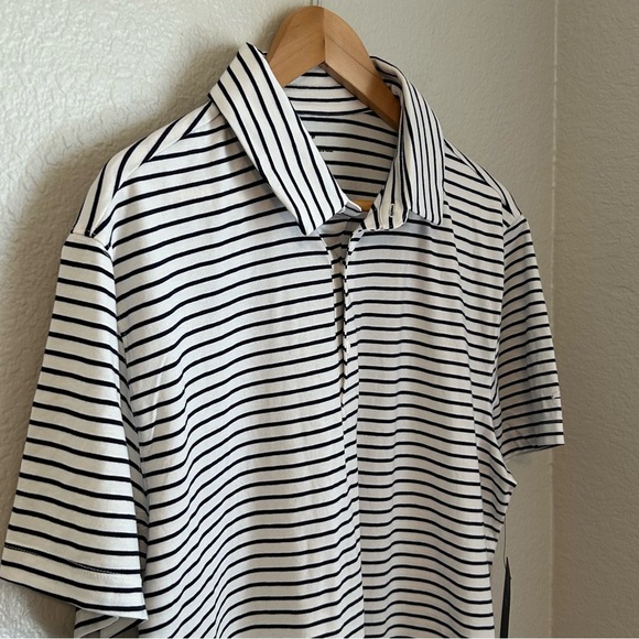 NWT, Fabletics Mens The 24/7 Breathable Polo in Deep Navy Shorline Stripe, Large - Picture 5 of 8
